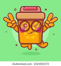 cute recycle bin character mascot with peace sign hand gesture isolated cartoon in flat style design 