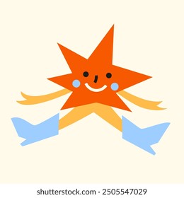 Cute Red abstract cartoon star in boots. Hand drawn vector illustration. Naive childish design. Funny comic character, kids poster, card, social media banner.