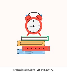Cute Red Alarm on Stack of Books – Cute Vector for Reading, Study, and Relaxation