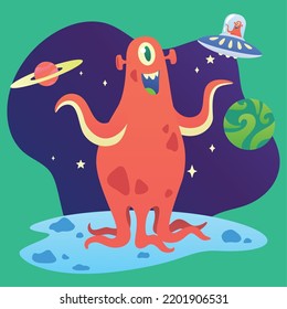 Cute Red Alien Character With Tentacles Standing On A Planet Vector