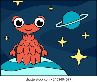 Cute red alien on blue planet in space. Cartoon, vector. Isolated vector illustration eps 10