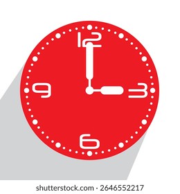 Cute Red Analog Wall Clock show 3 o'clock, vector illustration isolated, eps