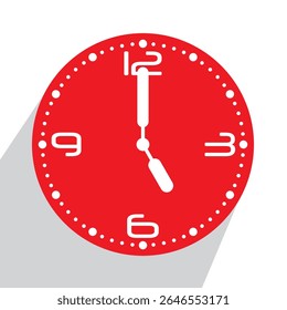 Cute Red Analog Wall Clock show 5 o'clock, vector illustration isolated, eps