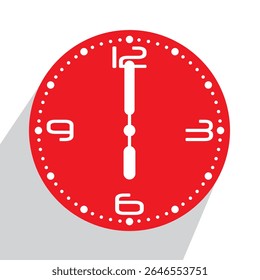 Cute Red Analog Wall Clock show 6 o'clock, vector illustration isolated, eps