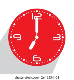 Cute Red Analog Wall Clock show 7 o'clock, vector illustration isolated, eps