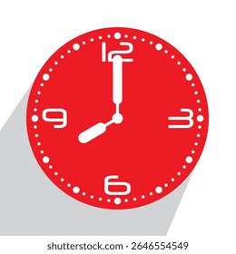 Cute Red Analog Wall Clock show 8 o'clock, vector illustration isolated, eps