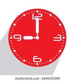 Cute Red Analog Wall Clock show 9 o'clock, vector illustration isolated, eps