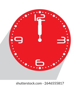 Cute Red Analog Wall Clock show 12 o'clock, vector illustration isolated, eps
