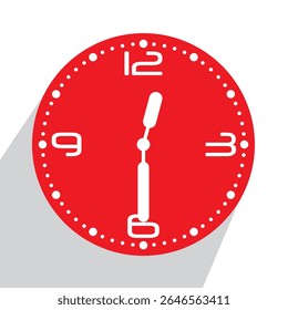 Cute Red Analog Wall Clock show 12.30 (half past twelve or twelve thirty), vector illustration isolated, eps