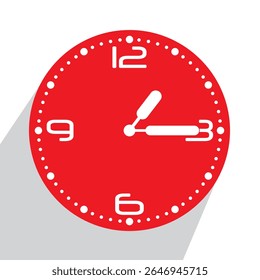 Relógio de parede analógico vermelho bonito show 01.15 ou quinze passado um, ilustração vetor isolado, eps
