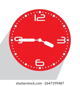 Cute Red Analog Wall Clock show 03.45 or quarter to four, vector illustration isolated, eps
