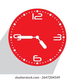 Cute Red Analog Wall Clock show 04.45 or quarter to five, vector illustration isolated, eps