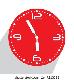 Cute Red Analog Wall Clock show 05.55 or five to six, vector illustration isolated, eps