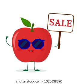 Cute red apple cartoon character in sunglasses keeps a sale sign. Vector illustration, a flat style.