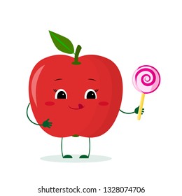 Cute red apple cartoon character with lollipop. Logo, template, design. Vector illustration, a flat style.