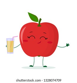 Cute red apple cartoon character holding a glass with juice. Logo, template, design. Vector illustration, flat style.