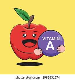 Cute red apple cartoon contains the benefits of vitamin a. Red apple free vector design illustration