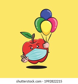 Cute red apple cartoon flying with balloons. Red apple free vector