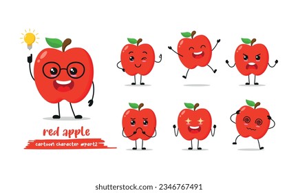 cute red apple cartoon with many expressions. fruit different activity pose vector illustration flat design set.