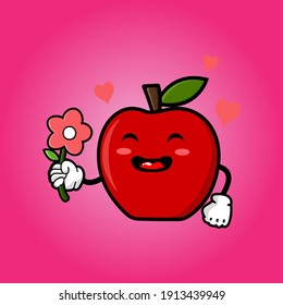 cute red apple cartoon mascot character funny expression giving flower