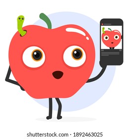 Cute red apple cartoon take a selfie.Vector illustration of cute red apple series.