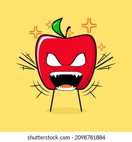 cute red apple character with angry expression. both hands raised, eyes bulging and mouth wide open. green and red. suitable for emoticon, logo, mascot