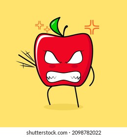 cute red apple character with angry expression. green and red. suitable for emoticon, logo, mascot. one hand raised, eyes bulging and grinning