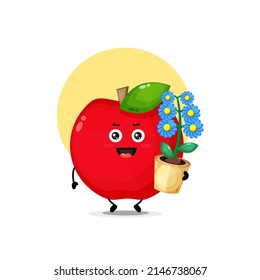 Cute red apple character carrying flowers
