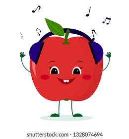 A cute red apple character in cartoon style listening to music on headphones. Logo, template, design. Vector illustration, a flat style.