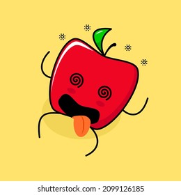 cute red apple character with dizzy expression, rolling eyes, lie down and tongue sticking out. green and red. suitable for emoticon, logo, mascot and icon