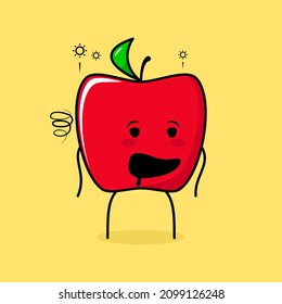 cute red apple character with drunk expression and mouth open. green and red. suitable for emoticon, logo, mascot and icon