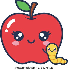 Un personaje lindo de manzana roja con un gusano amarillo amistoso en un estilo de Vector Kawaii. Perfecto para pegatinas escolares, hojas de trabajo educativas y diseños de alimentación saludable.
