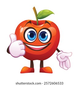 Cute red apple character giving a thumbs up with big smile, showing approval. Vector cartoon illustration