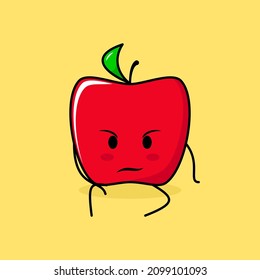lindo personaje de manzana roja con expresión de intimidación y sentarse. verde y rojo. adecuado para emoticono, logotipo, mascota