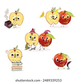 Cute red apple character with many expressions, fruit different activities, poses vector illustration flat design set.