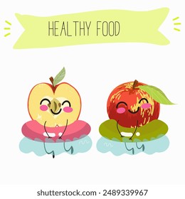 Cute red apple character with many expressions, fruit different activities, poses vector illustration flat design set.