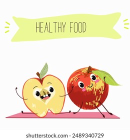 Cute red apple character with many expressions, fruit different activities, poses vector illustration flat design set.