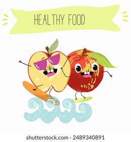Cute red apple character with many expressions, fruit different activities, poses vector illustration flat design set.