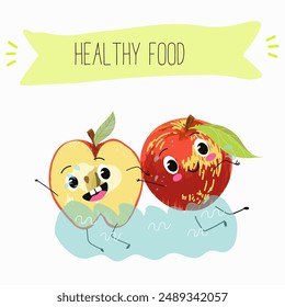 Cute red apple character with many expressions, fruit different activities, poses vector illustration flat design set.