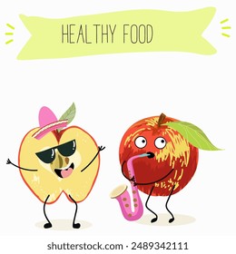 Cute red apple character with many expressions, fruit different activities, poses vector illustration flat design set.