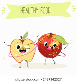 Cute red apple character with many expressions, fruit different activities, poses vector illustration flat design set.