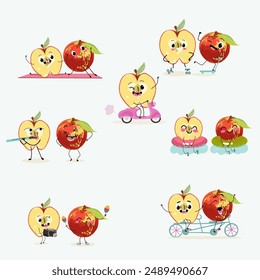 Cute red apple character with many expressions, fruit different activities, poses vector illustration flat design set.