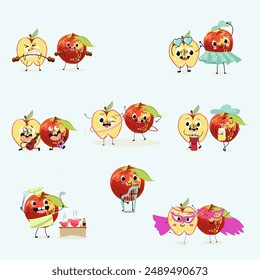 Cute red apple character with many expressions, fruit different activities, poses vector illustration flat design set.