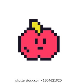 Cute red apple character pixel art style icon element design for logo, app, web, sticker. Video game sprite. Isolated vector illustration. 