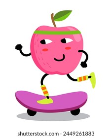 Cute red apple character skateboarding. Cartoon isolated cute fruit mascot. Perfect for kids, merchandise and sticker, banner promotion or blog. Vector illustration