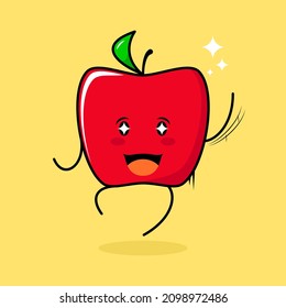 cute red apple character with smile and happy expression, jump, one hand up, mouth open and sparkling eyes. green and red. suitable for emoticon, logo, mascot and icon