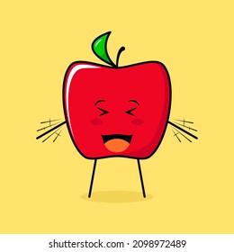 cute red apple character with smile and happy expression, close eyes, mouth open and both hands shaking. green and red. suitable for emoticon, logo, mascot and icon