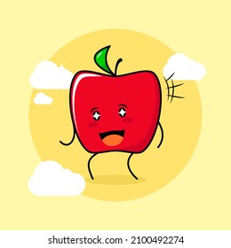 cute red apple character with smile and happy expression, mouth open and sparkling eyes. green and red. suitable for emoticon, logo, mascot and icon