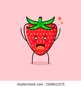 cute red apple character with smile and happy expression, two hands up, mouth open and sparkling eyes. green and red. suitable for emoticon, logo, mascot and icon