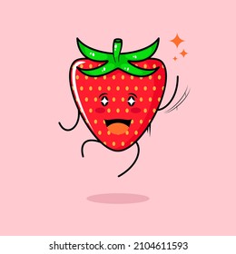 cute red apple character with smile and happy expression, jump, one hand up, mouth open and sparkling eyes. green and red. suitable for emoticon, logo, mascot and icon